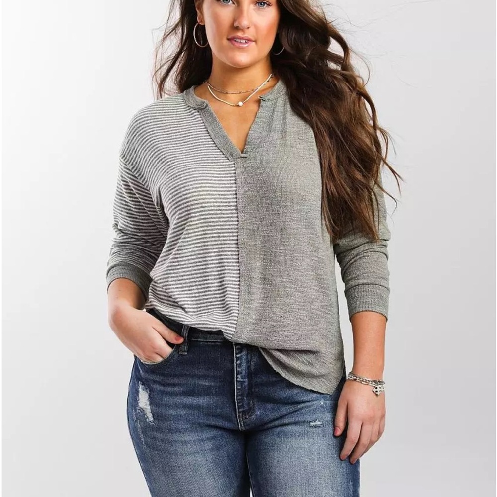 BKE V-Neck Sweater in Sage Freen and Stripes